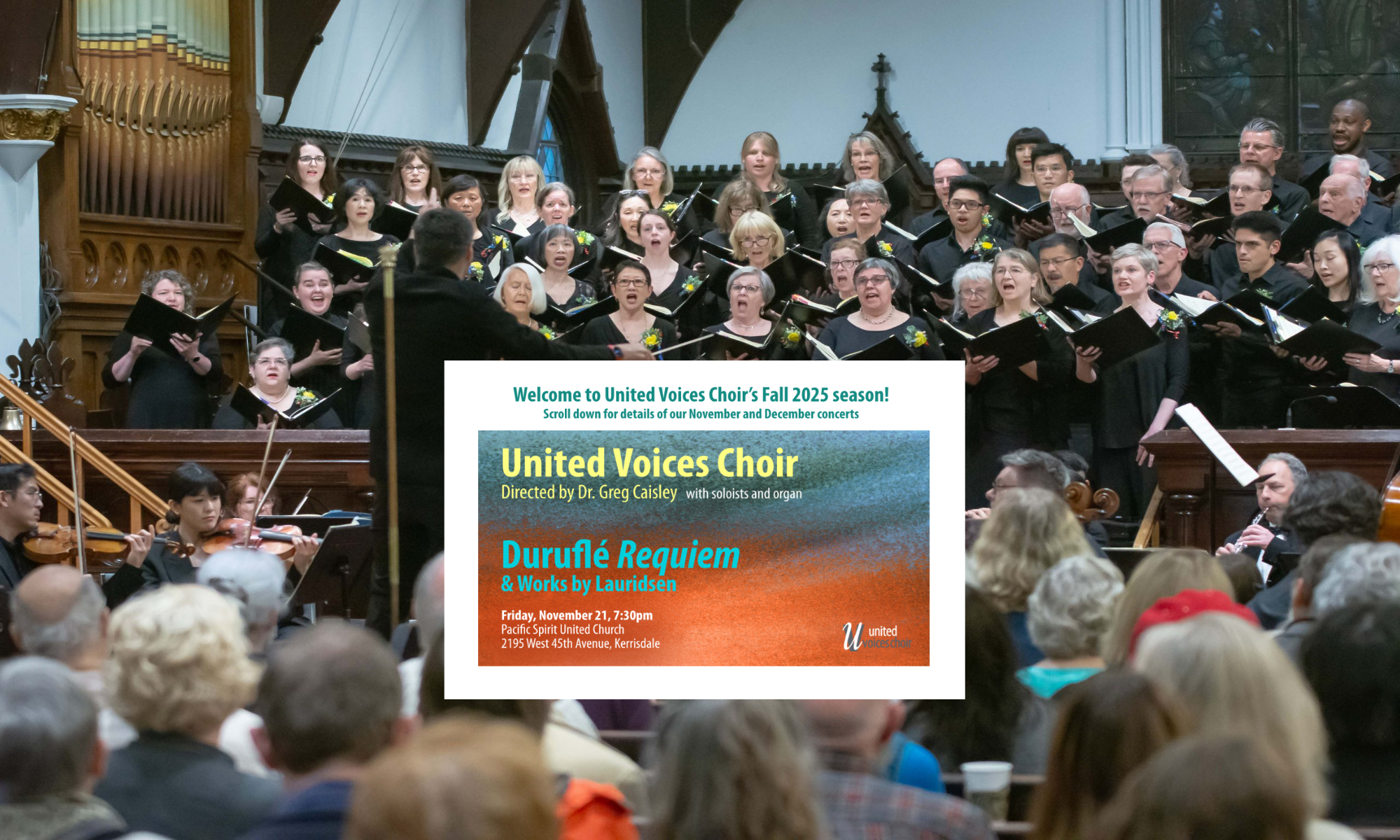 Photo of the United Voices Choir in concert, with text inset: "Welcome to UVC's Fall 2025 season! Scroll down for details of our November and December concerts"