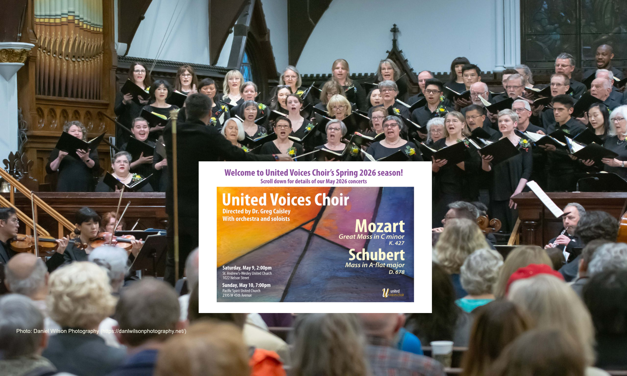 Concert poster for concerts May 9 and 10, 2026: Mozart Great Mass in C minor and Schubert Mass in A-flat major. Background is a photo of the choir in concert.